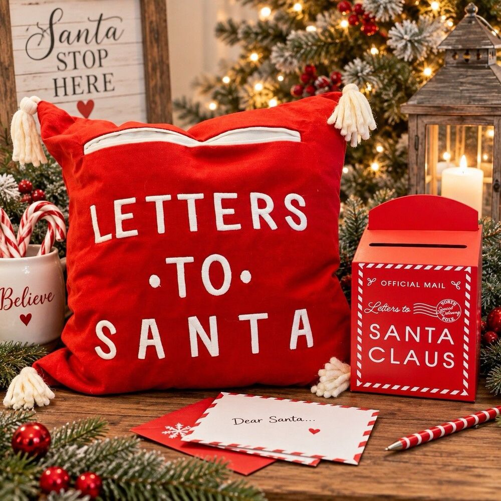 Letters to Santa Christmas Pillow & Santa Mailbox Holiday Decor Set